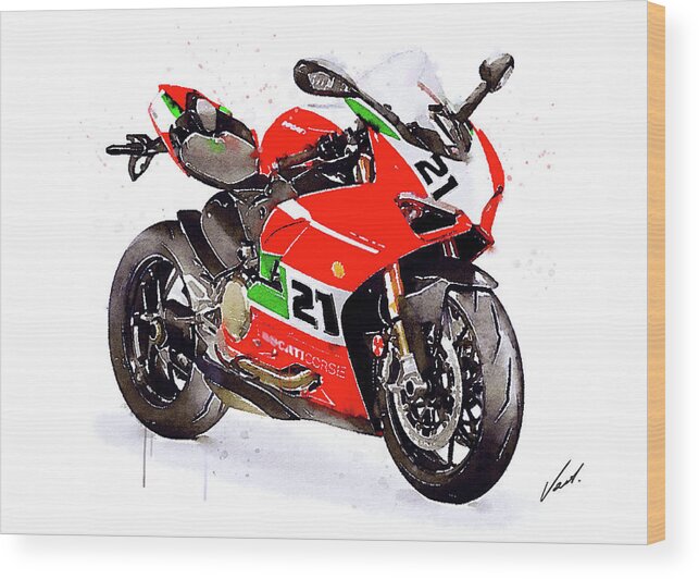 Sport Wood Print featuring the painting Watercolor Ducati Panigale V2 Bayliss motorcycle, oryginal artwork by Vart. by Vart Studio