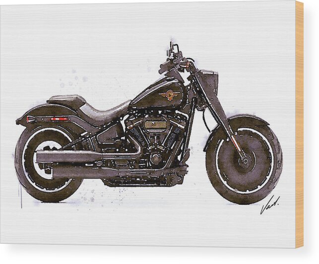 Motorcycle Wood Print featuring the painting Watercolor Harley-Davidson FAT BOY black motorcycle - oryginal artwork by Vart. by Vart Studio