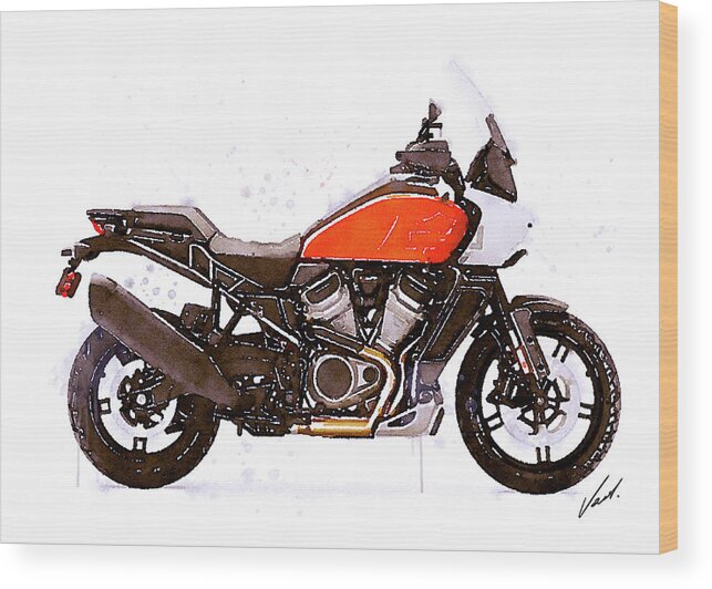 Motorcycle Wood Print featuring the painting Watercolor Harley-Davidson PAN AMERICA - oryginal artwork by Vart. by Vart