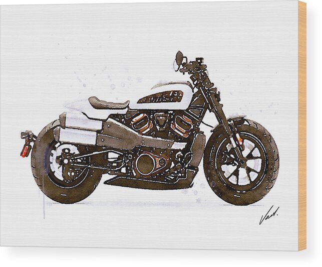 Motorcycle Wood Print featuring the painting Watercolor Harley-Davidson Sportster - oryginal artwork by Vart. by Vart