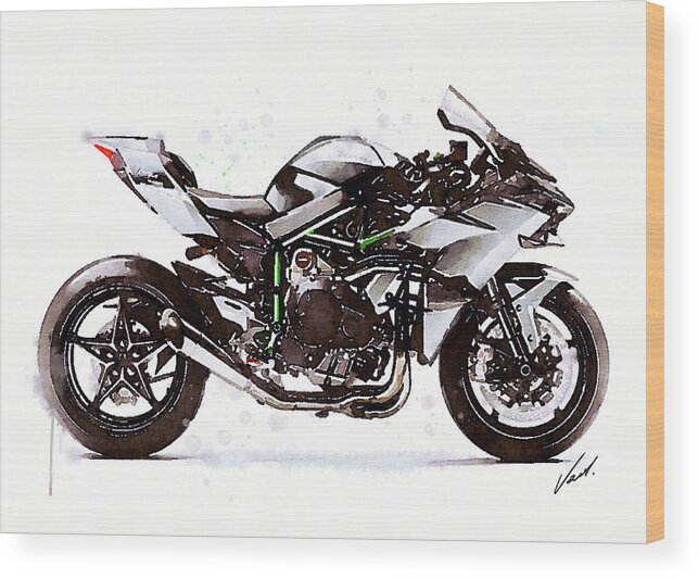 Sport Wood Print featuring the painting Watercolor Kawasaki Ninja H2R motorcycle - orygin by Vart Studio