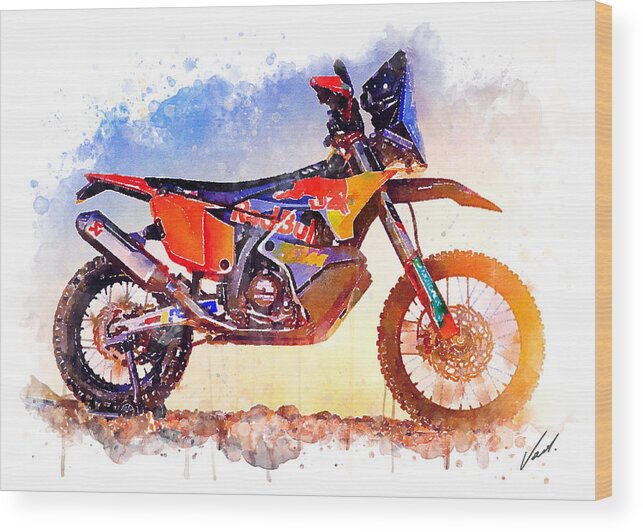 Adventure Wood Print featuring the painting Watercolor KTM 450 Rally Dakar motorcycle - oryginal artwork by Vart. by Vart Studio
