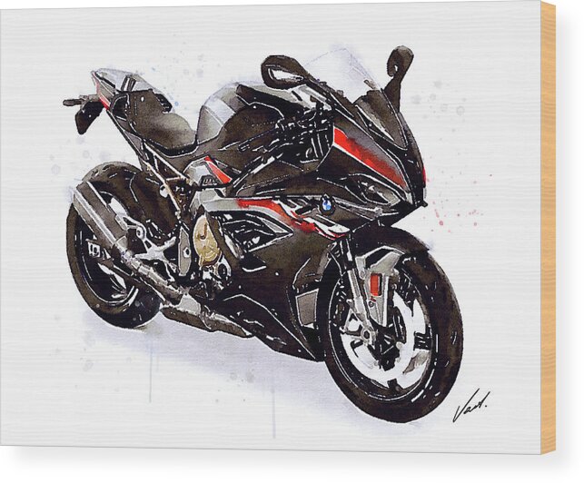 Sport Wood Print featuring the painting Watercolor Motorcycle BMW S1000RR black 2022 - original artwork by Vart. by Vart Studio