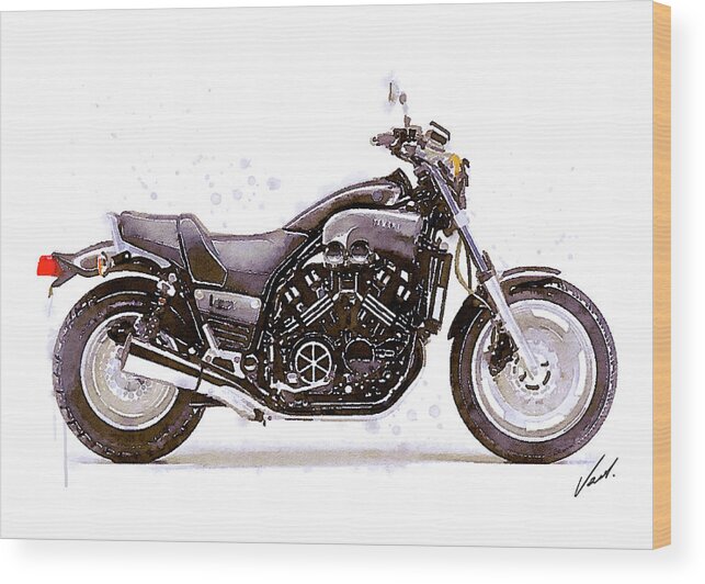 Motorcycle Wood Print featuring the painting Watercolor Yamaha V-MAX 1200 motorcycle, oryginal artwork by Vart. by Vart