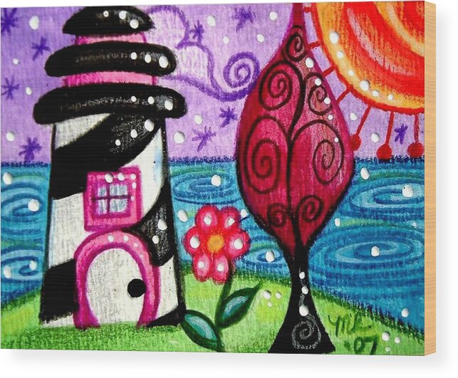 Whimsical Wood Print featuring the painting Whimsical Black White Lighthouse by Monica Resinger