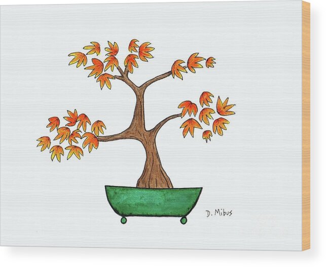 Asian Art Wood Print featuring the painting Whimsical Japanese Maple Bonsai Tree by Donna Mibus