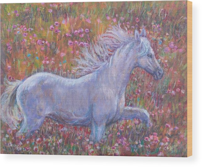 Horse Wood Print featuring the painting White Horse Running by Veronica Cassell vaz