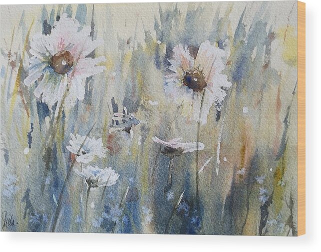 Watercolour Art Wood Print featuring the painting Wild Daisies by Sheila Romard