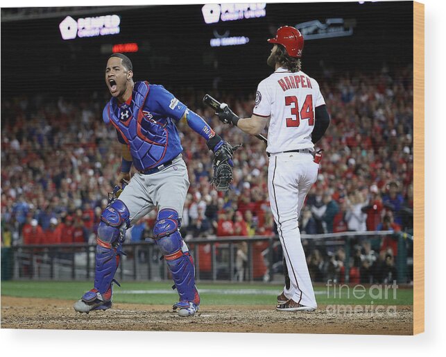 American League Baseball Wood Print featuring the photograph Willson Contreras and Bryce Harper by Win Mcnamee
