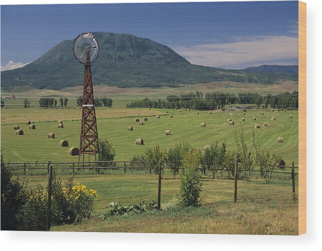 Outdoors Wood Print featuring the photograph Windmill and haystacks on farm, Steamboat Springs, Colorado, USA by Karl Weatherly