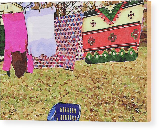 Laundry Day Wood Print featuring the digital art Winter Laundry Day Watercolor Painting by Shelli Fitzpatrick