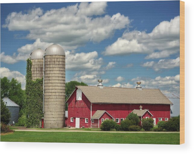 Cooksville Wood Print featuring the photograph Wisconsin Primary Colors - dairy barn and ivy covered silo in Cooksville Wisconsin by Peter Herman