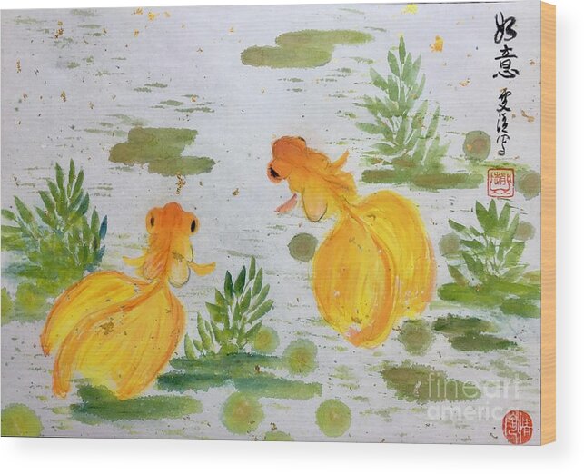 Golden Fishes Wood Print featuring the painting Wishful - 4 by Carmen Lam