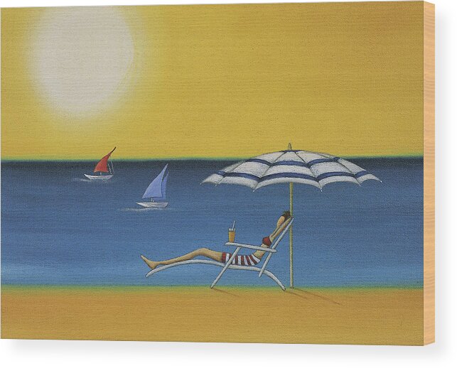 White People Wood Print featuring the drawing Woman Lying on a Sun Lounger Under a Parasol on a Sunny Beach by Mandy Pritty
