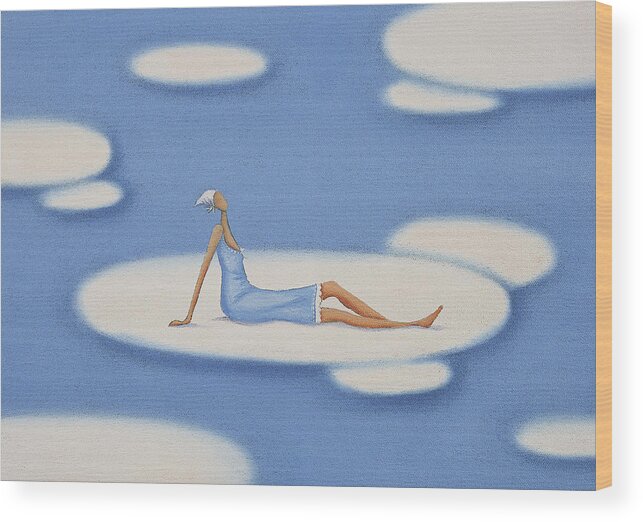 White Wood Print featuring the drawing Woman Sitting on a Cloud in the Sky by Mandy Pritty
