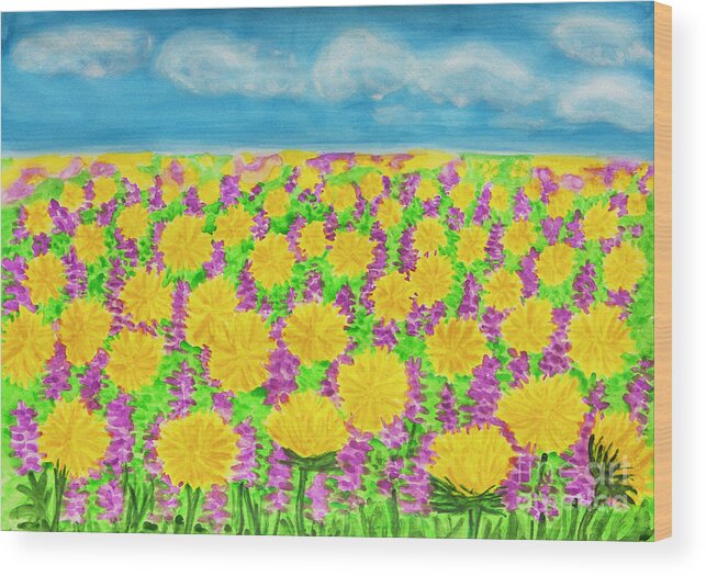 Flower Wood Print featuring the painting Yellow dandelions and purple spring flowers by Irina Afonskaya