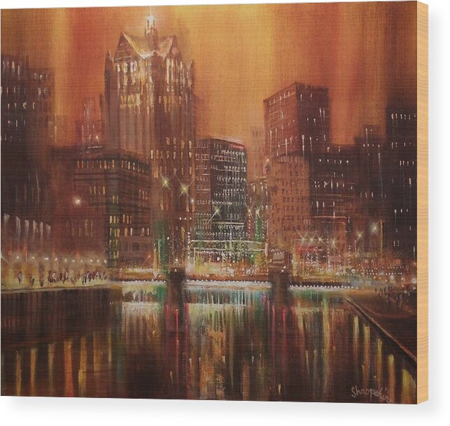 City At Night Wood Print featuring the painting Milwaukee River Downtown by Tom Shropshire