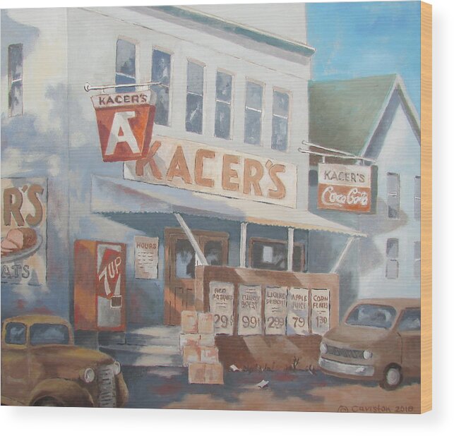 Men's Room Wood Print featuring the painting Kacers Store by Tony Caviston