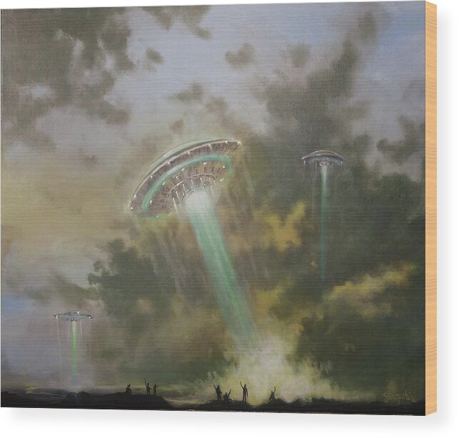  Ufo Wood Print featuring the painting Farewell to the Visitors by Tom Shropshire