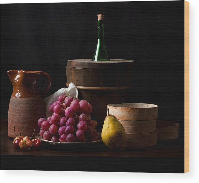 Still Life Wood Print featuring the photograph Bodegon with grapes-pear and boxes by Levin Rodriguez