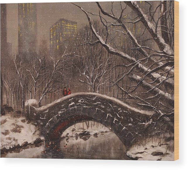 Snow Scene Wood Print featuring the painting Bridge in Central Park by Tom Shropshire