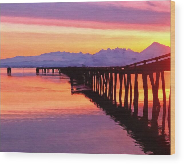 Sunset Wood Print featuring the painting Dock at Cold Bay by Michael Pickett