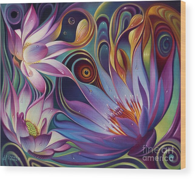 Lotus Wood Print featuring the painting Dynamic Floral Fantasy by Ricardo Chavez-Mendez