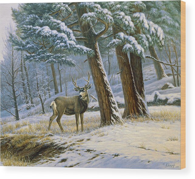 Landscape Wood Print featuring the painting Early Snow- Mule Deer by Paul Krapf