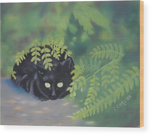 Cat Wood Print featuring the pastel Hiding in Plain Site by Carol Corliss
