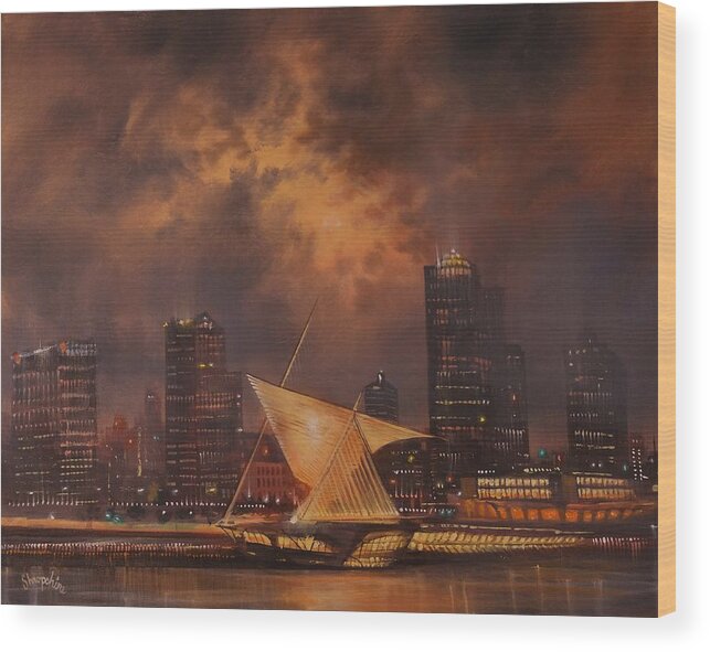 Lake Michigan Wood Print featuring the painting Milwaukee Art Museum and Skyline by Tom Shropshire