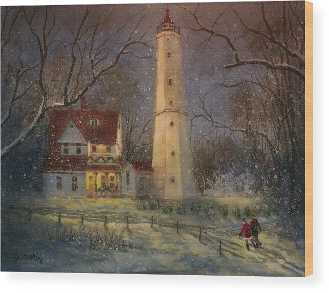 Christmas Scene Wood Print featuring the painting Milwaukee's North Point Lighthouse by Tom Shropshire