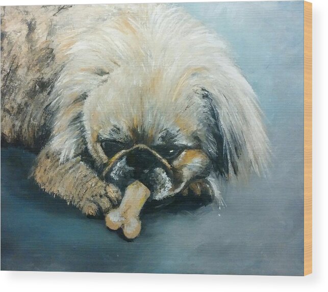 Bone Wood Print featuring the painting Pekinese and the Bone by Abbie Shores