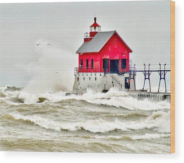 Beach Wood Print featuring the photograph Stormy at Grand Haven Light by Nick Zelinsky Jr