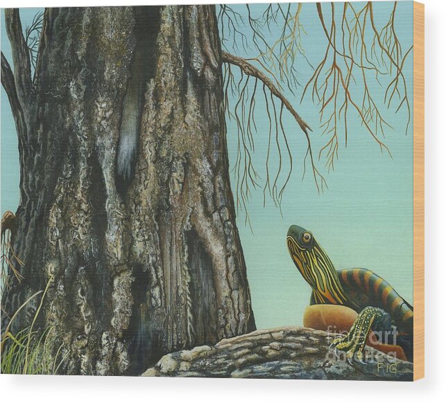Western Painted Turtle Wood Print featuring the painting Tyler and the Tree by Rosellen Westerhoff