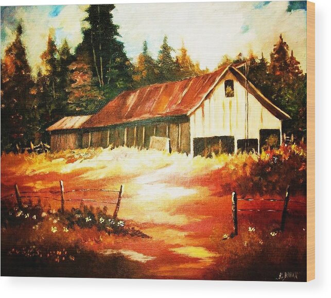 Woodland Wood Print featuring the painting Woodland Barn in Autumn by Al Brown