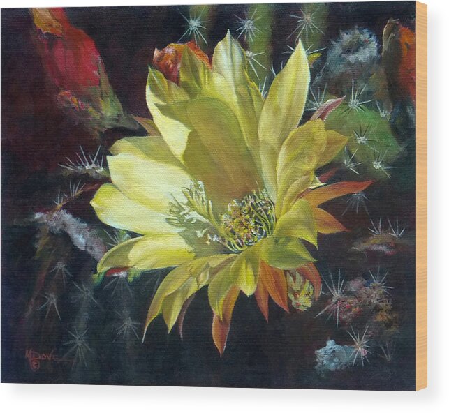 Mary Dove Art Wood Print featuring the painting Yellow Argentine Giant Cactus Flower by Mary Dove