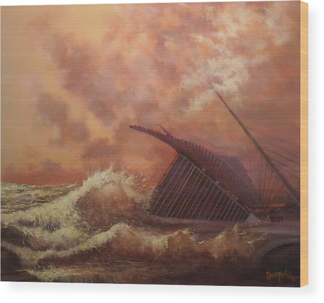  Lake Michigan Wood Print featuring the painting High Tide Milwaukee Art Museum by Tom Shropshire