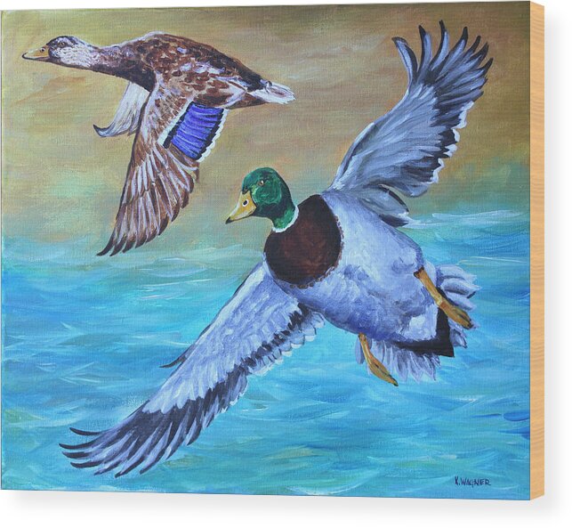 Birds Wood Print featuring the painting Mallards in the Delta by Karl Wagner