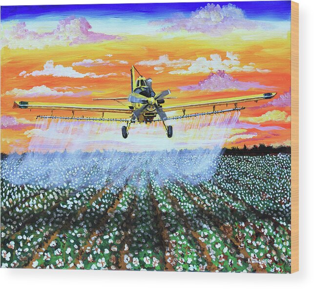 Air Tractor Wood Print featuring the painting Air Tractor at Sunset Over Cotton by Karl Wagner