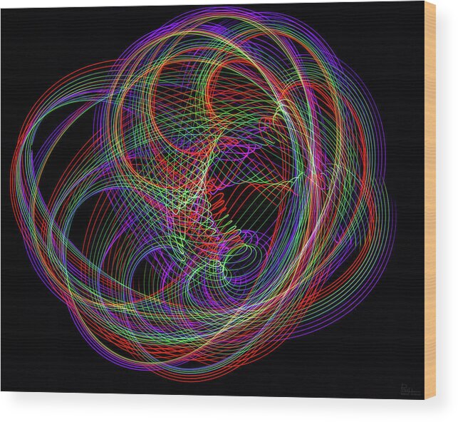 Light Painting Psychedelic Groovy 60's Spirograph Swinging Light Flashlight Abstract Blacklight Trippy Long Exposure Pink Floyd Dark Colorful Hypnotic Wood Print featuring the photograph Convoluted Colors by Peter Herman