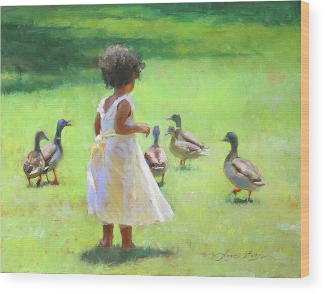 Chasing Ducks Wood Print featuring the painting Duck Chase by Anna Rose Bain