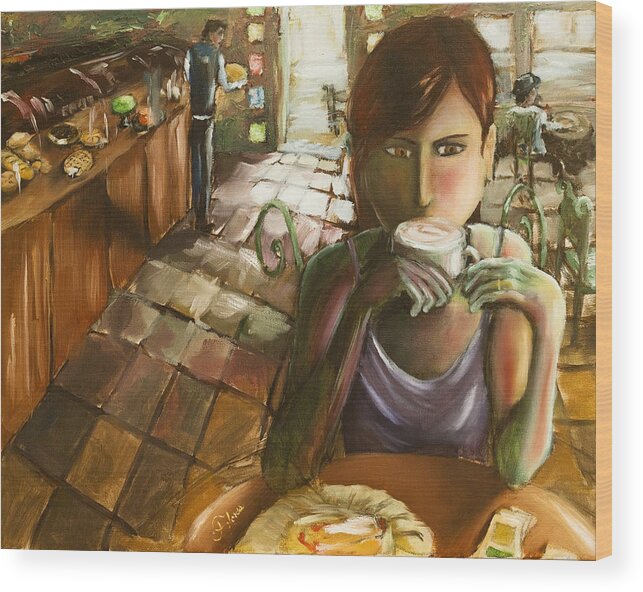 Cafe Wood Print featuring the painting Girl at the Cafe by Carlos Flores