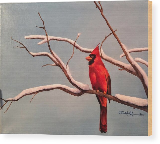 Birds Wood Print featuring the painting Last snow of winter, Cardinal by Dana Newman