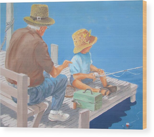 Boys Room Wood Print featuring the painting Memorable Day Fishing by Tony Caviston