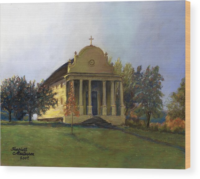 Sacred Heart Mission Wood Print featuring the pastel Morning Light at Cataldo by Harriett Masterson