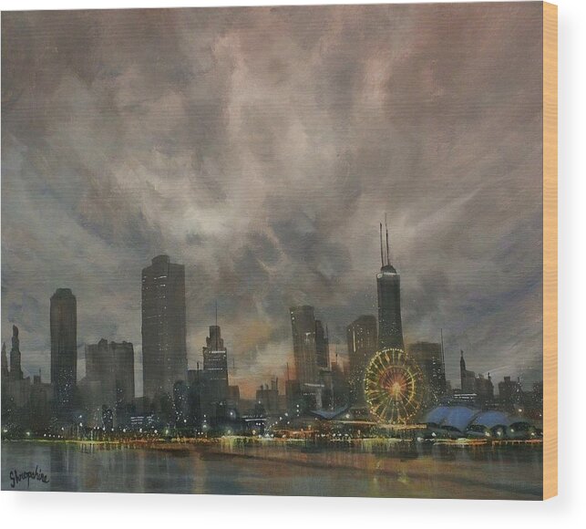 Chicago Wood Print featuring the painting Navy Pier Ferris Wheel Chicago by Tom Shropshire