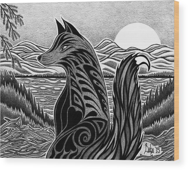 Fox Wood Print featuring the drawing On The Watch by Barb Cote