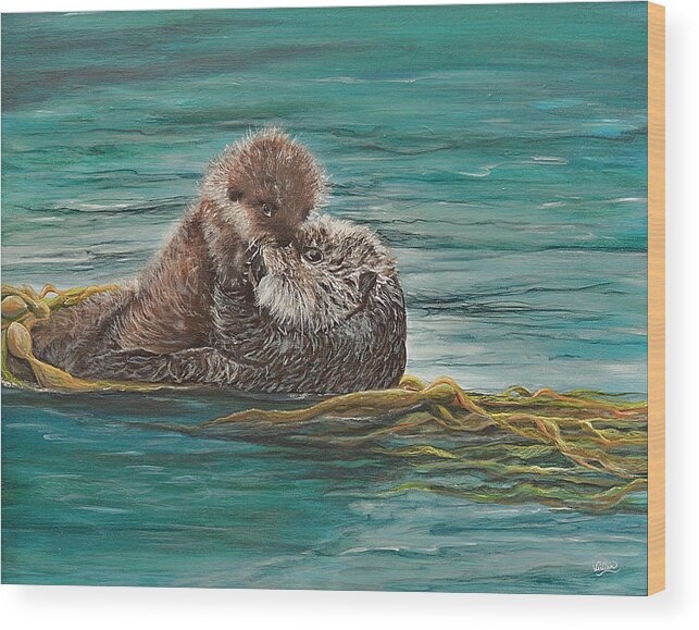 Ocean Wood Print featuring the painting Otter Pup by Vivian Casey Fine Art