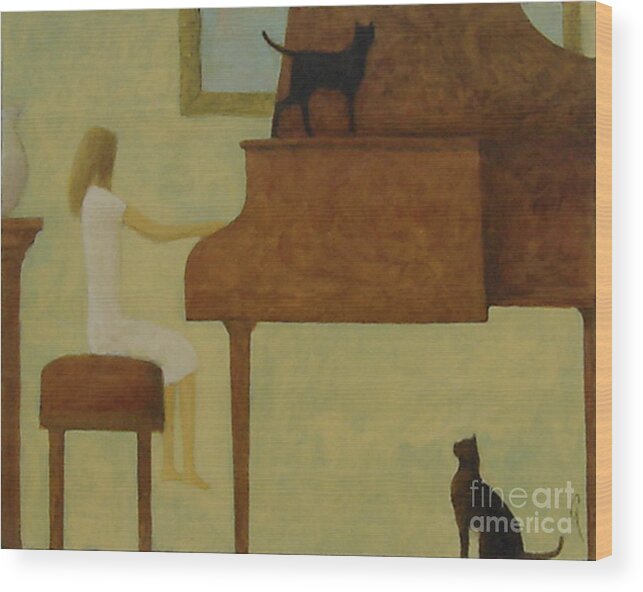 Girl Playing Grand Piano Wood Print featuring the painting Piano Two Cats by Glenn Quist