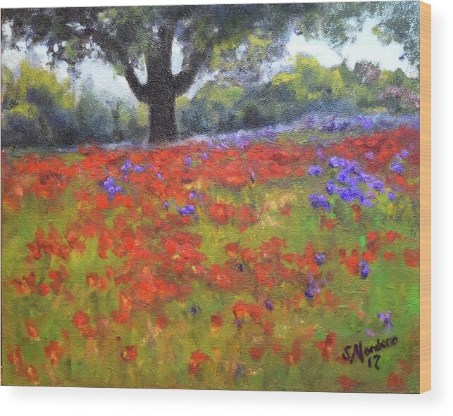 Poppies Wood Print featuring the painting Poppy Field w Tree by Sandra Nardone